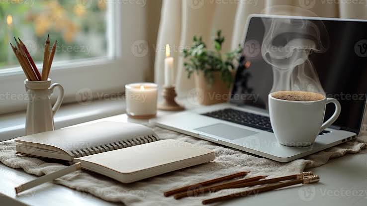 Laptop, cup of coffee, notebook and pencil on a workspace.